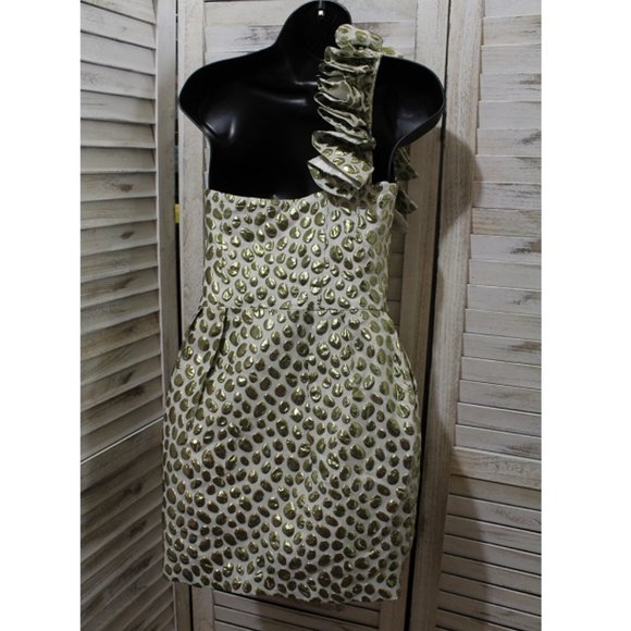 Aryn K. One Shoulder Cream & Gold Polka Dot Dress (444) - Picture 3 of 5